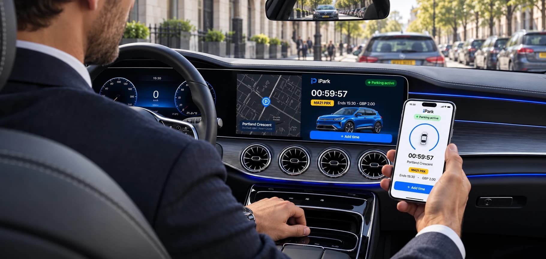 A driver parked on Portland Crescent sees an active IPark session with the time remaining on the dashboard display, while the phone in hand shows the same session in the IPark app.