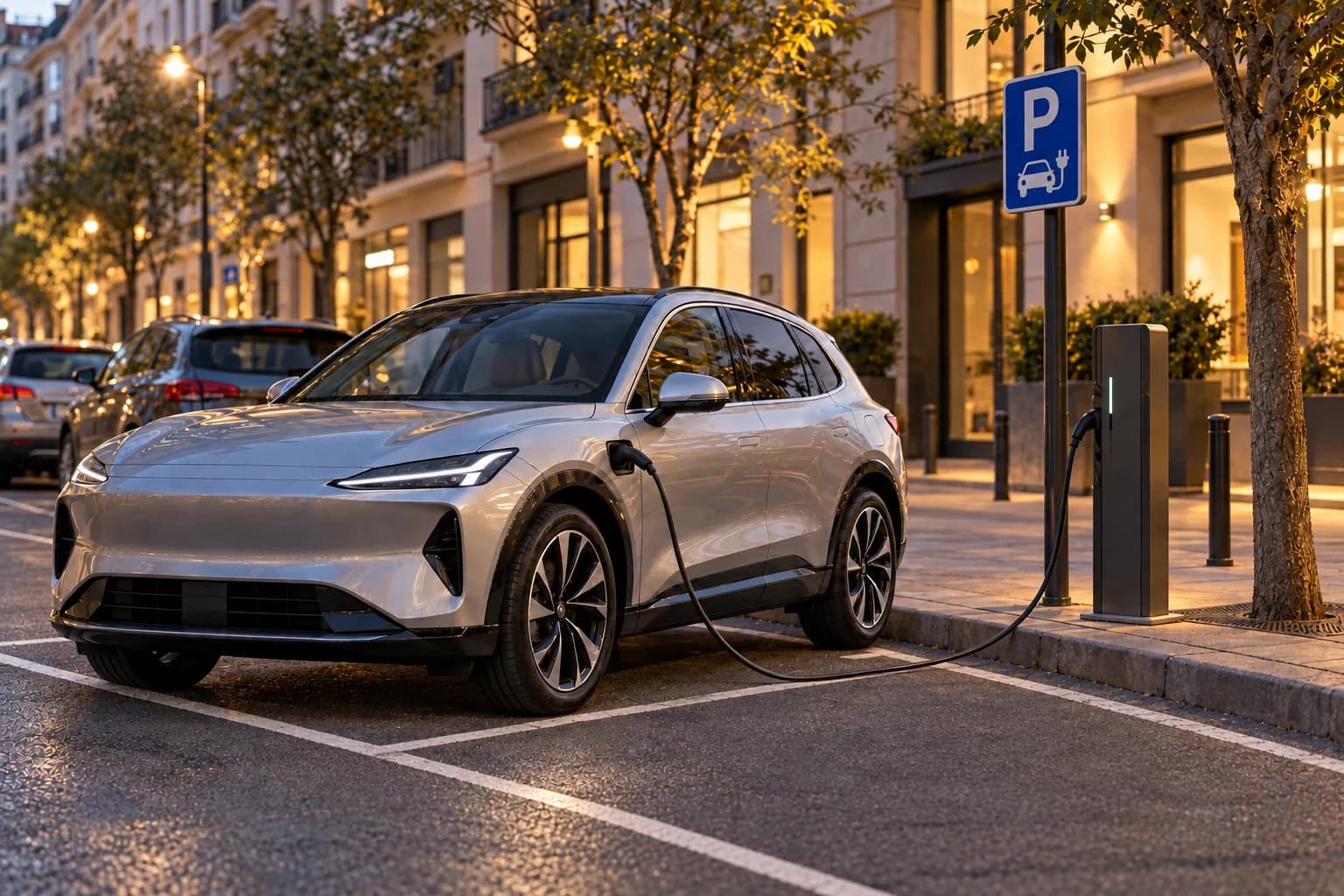 A silver electric car connected to a charger in a marked public parking bay on a city street.